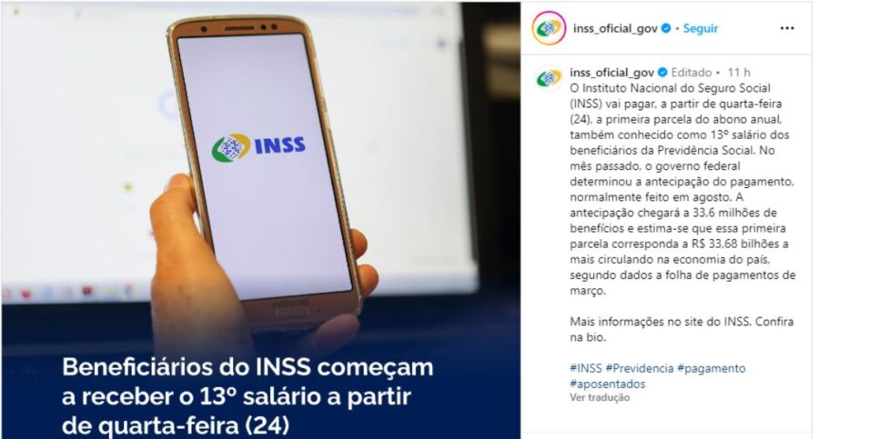 Comunicado do INSS sobre a liberação do 13° (Reprodução: Instagram)