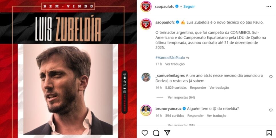 Luis Zubeldía, novo técnico do São Paulo - (Foto: Reprodução / Internet)