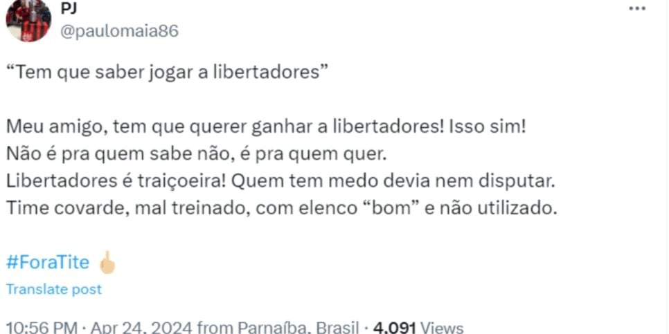 Torcedor criticando atuação do técnico Tite no Flamengo - (Foto: Reprodução / X)