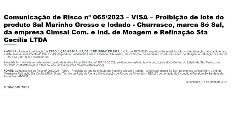 Proibição da ANVISA contra marca Cimsal (Foto Reprodução/Vigilância Sanitária)