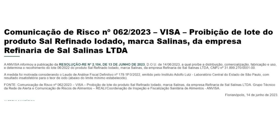 Proibição da ANVISA contra marca Salinas (Foto Reprodução/Vigilância Sanitária)