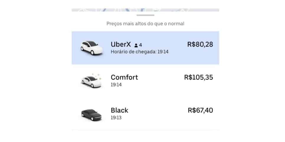 Aplicativo Uber com notificação sobre preços mais altos do que o normal (Foto: Reprodução / Internet)