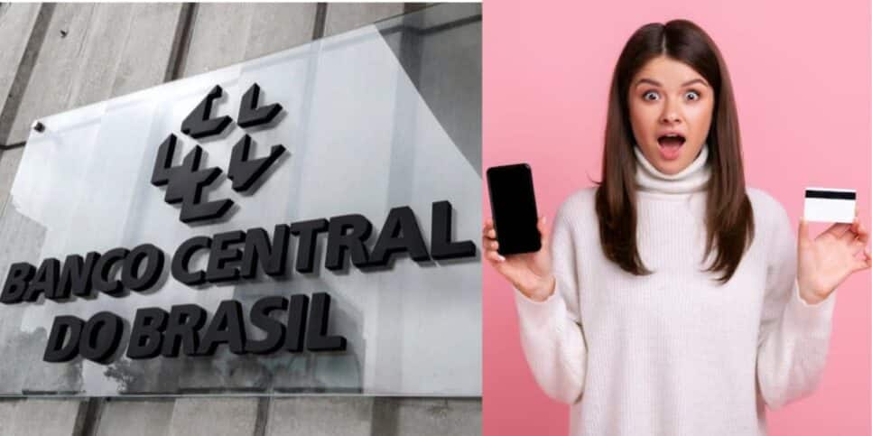 Banco Central e mulher segurando cartão de crédito e celular (Fotos: Reproduções / Internet / Freepik)