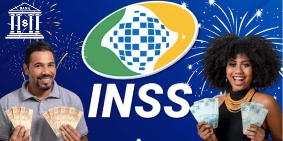 Banco, fogos de artifício, logo do INSS e homem e mulher segurando notas de dinheiro (Fotos: Reproduções / Canva/ Freepik / Internet)