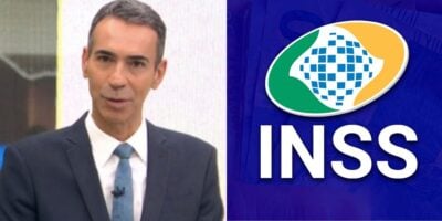 César Tralli no Jornal Hoje e logo do INSS (Fotos: Reproduções / Globo / Internet)