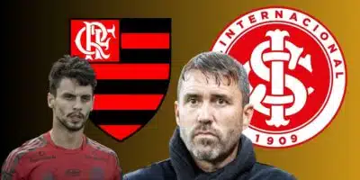 Coudet, Rodrigo Caio e escudos do Flamengo e Internacional (Foto - Montagem TV Foco).
