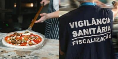 Homem fazendo pizza e agente da Vigilância Sanitária (Fotos: Reproduções / Canva / Internet)