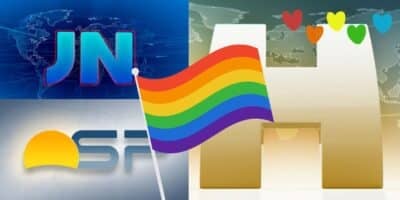 Logo Jornal Nacional, Bom Dia São Paulo, Jornal Hoje, bandeira LGBTQIA+ e corações (Fotos: Reproduções / Globo / Canva)