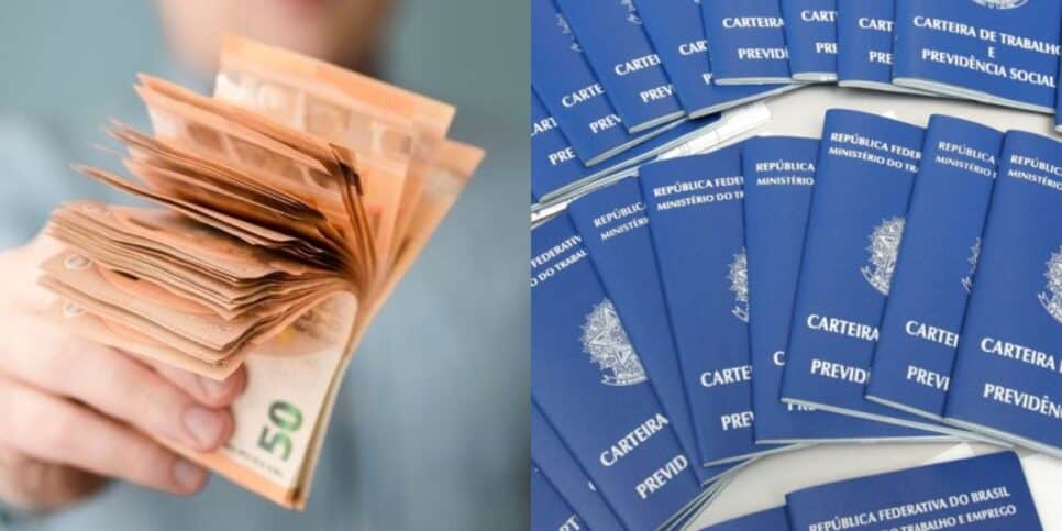 Pessoa segurando dinheiro Carteiras de trabalho - Montagem TVFOCO