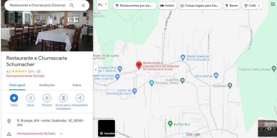 A churrascaria Schumacher aparece como fechada permanentemente (Reprodução: Google Maps)