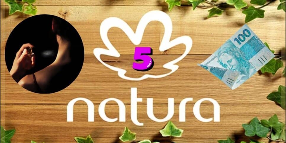 Mulher passando perfume, nota de R$ 100 e logo da Natura (Foto: Reprodução / Canva)