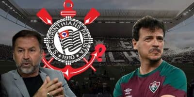 Augusto Melo, Diniz e escudo do Corinthians (Foto - Montagem TV Foco).