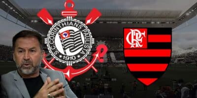 Augusto Melo e escudos do Corinthians e do Flamengo (Foto - Montagem TV Foco).