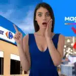 Carrefour, logo Magalu, loja e mulher chocada (Fotos: Reproduções / Internet / Canva)