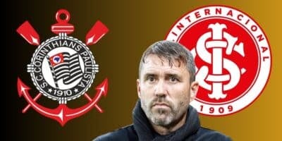 Coudet e escudos do Internacional e Corinthians  (Foto - Montagem TV Foco).