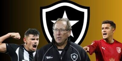 John Textor, Coutinho, Tiquinho e escudo do Botafogo (Foto - Montagem TV Foco).