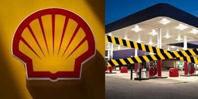 Logo da Shell e posto de gasolina (Fotos: Reproduções / Internet / Canva)