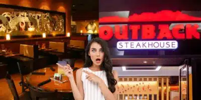 Mesas, logo do Outback e mulher chocada (Fotos: Reproduções / Divulgação / Internet / Canva)