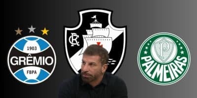 Pedrinho e escudos do Grêmio, Palmeiras e Vasco   (Foto - Montagem TV Foco).