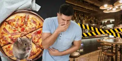 Pizzaria lacrada, rato e homem passando mal (Fotos: Reproduções / Canva)