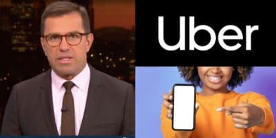 Rodrigo Bocardi no Bom Dia São Paulo, logo da Uber e mulher mostrando celular (Fotos: Reproduções / Globo / Internet / Canva)