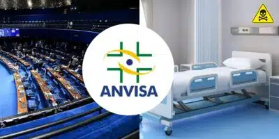 Senado, logo da Anvisa, quarto de hospital e alerta de perigo (Fotos: Reproduções / Internet / Canva)