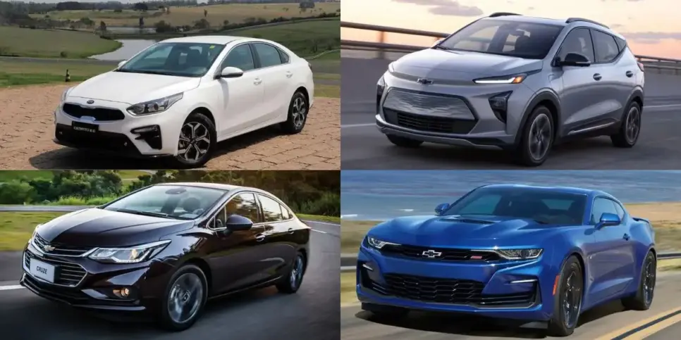Kia Cerato, Chevrolet Cruze, Chevrolet Bolt e Chevrolet Camaro (Reprodução/Internet) Kia Cerato, Chevrolet Cruze, Chevrolet Bolt e Chevrolet Camaro (Reprodução/Internet)