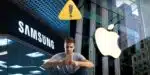 Fachadas da Samsung e Apple e cliente insatisfeito (Foto: Reprodução / Canva / Montagem TV Foco)