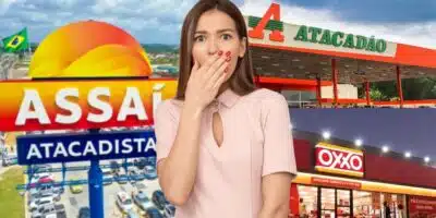Assaí, mulher chocada, Atacadão e Oxxo (Fotos: Reproduções / Internet / Canva)