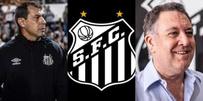 Carille e Teixeira ao lado do logo do Santos (Foto: Raul Baretta/ Santos FC)