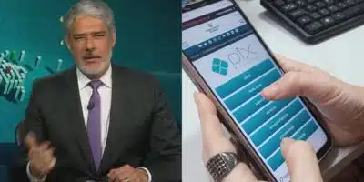 William Bonner no Jornal Nacional e pessoa usando o PIX (Fotos: Reproduções / Globo / Núbia Pacheco/g1)