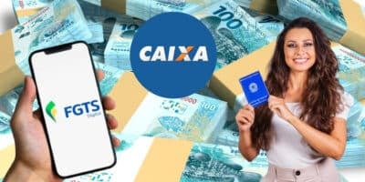 Aplicativo do FGTS, notas de cem reais, logo da Caixa e mulher segurando carteira de trabalho  (Fotos: Reproduções / Canva / Internet / Freepik)