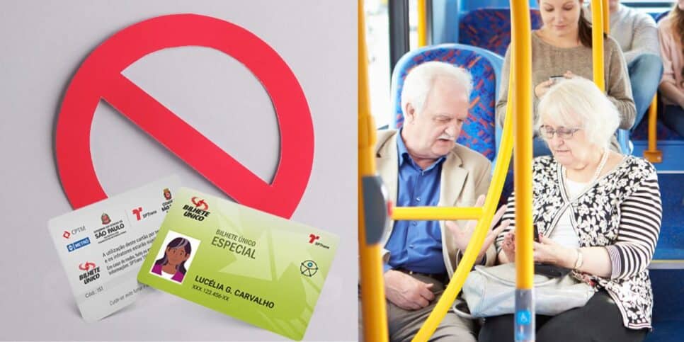 Bloqueio, Bilhete Único do Idoso e idosos em ônibus (Fotos: Reproduções / Canva / SPTrans)