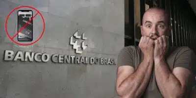 Celular com bloqueio, Banco Central e homem assustado (Fotos: Reproduções /Canva/ Jorge William / Agência O Globo)