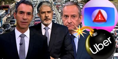 Tralli, Burnier e Bonner noticiaram sobre 3 bombas envolvendo a Uber (Foto Reprodução/Montagem/Lennita/Tv Foco/Canva/Globo)