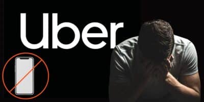 Logo Uber, homem triste e celular com bloqueio (Fotos: Reproduções / Internet / Canva)