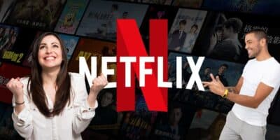 Logo da Netflix e mulher e homem celebrando (Fotos: Reproduções / Internet / Canva)