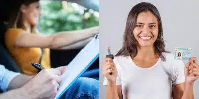 Mulher fazendo prova da autoescola e mulher segurando CNH (Fotos: Reproduções / Freepik)