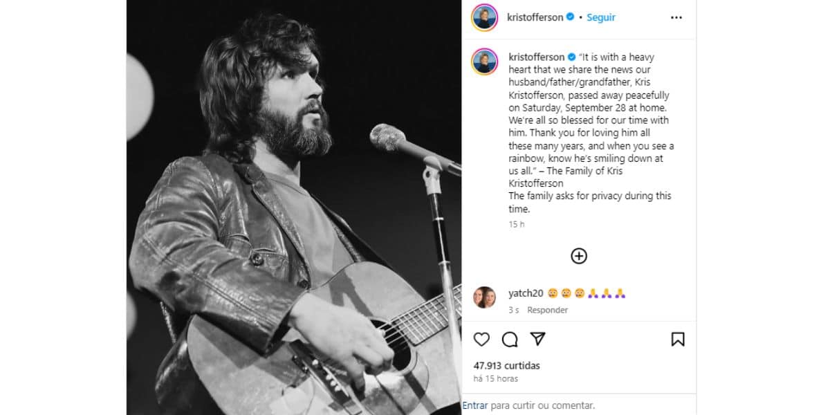 Anúncio morte de Kris Kristofferson (Foto: Reprodução / Instagram)