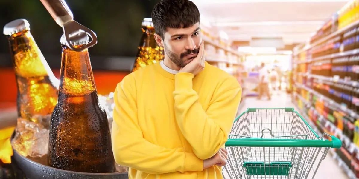 Cervejas, homem triste e mercado (Fotos: Reproduções / Canva)