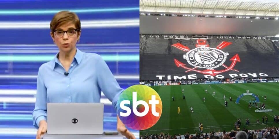 Renata Lo Prete no Jornal da Globo, logo do SBT e bandeira do Corinthians (Fotos: Reproduções / Globo/ Emissora / Gabriel Carneiro/UOL)