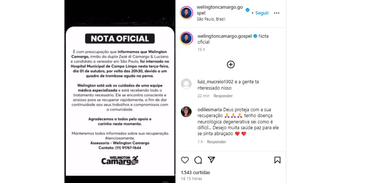 Anúncio sobre Wellington Camargo (Foto: Reprodução / Instagram)