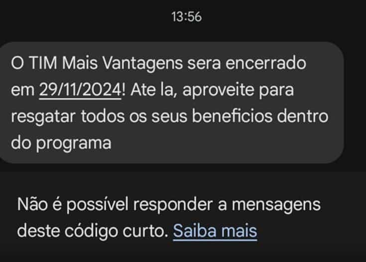 Mensagem por SMS da TIM informando o fim dos serviços (Foto Reprodução/Minha Operadora)