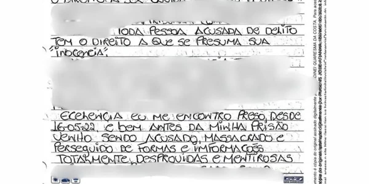 Carta de Paulo Cupertino, acusado de matar ator Rafael Miguel