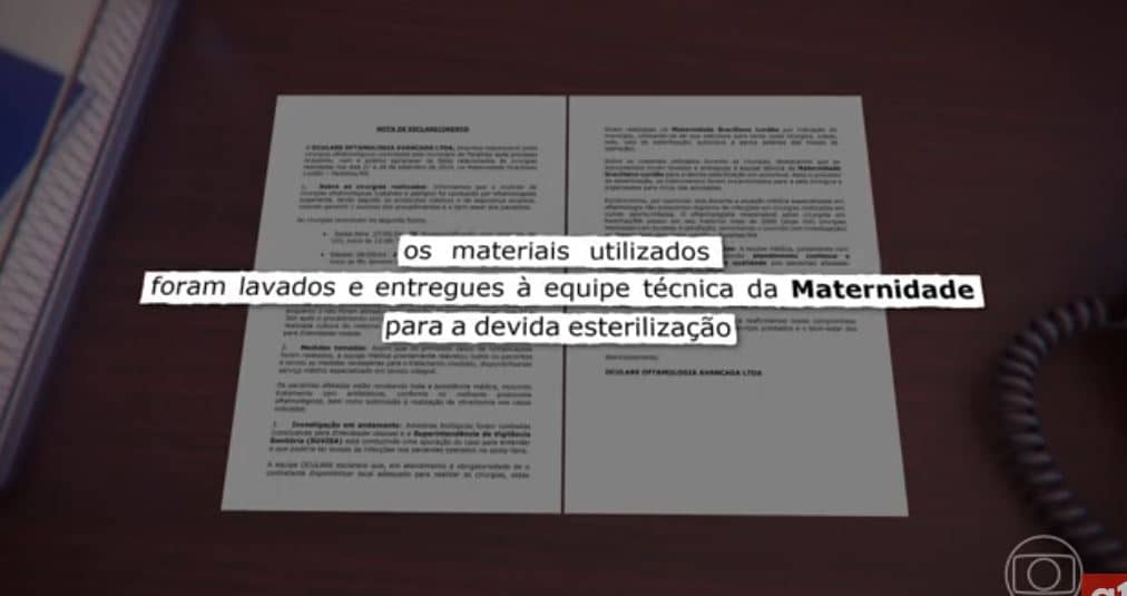 Nota divulgada pela Clínica Oculare (Maria Ernesto (Foto Reprodução/Globo)