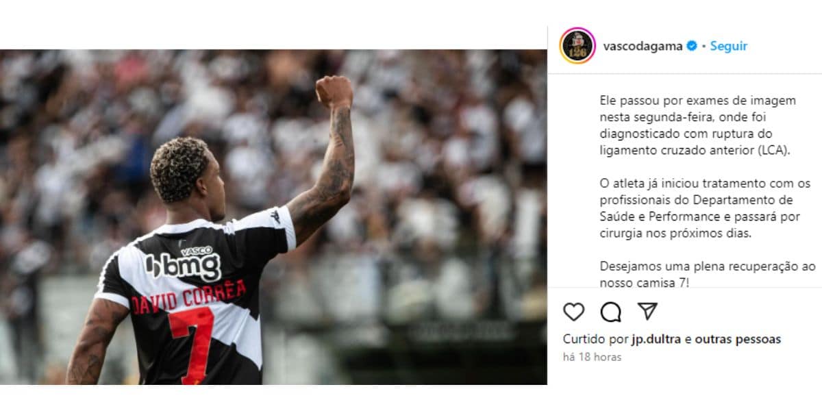 Vasco confirmando a lesão de David (Reprodução: Instagram)