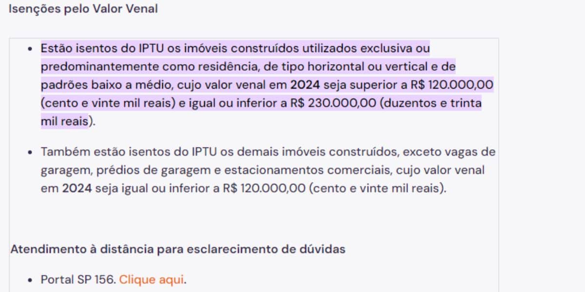 Isenção do IPTU segundo o Valor venal (Reprodução: Governo de São Paulo)