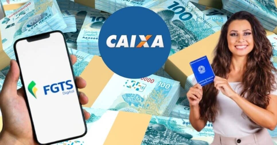 Aplicativo do FGTS, notas de cem reais, logo da Caixa e mulher segurando carteira de trabalho (Fotos: Reproduções / Canva / Internet / Freepik)