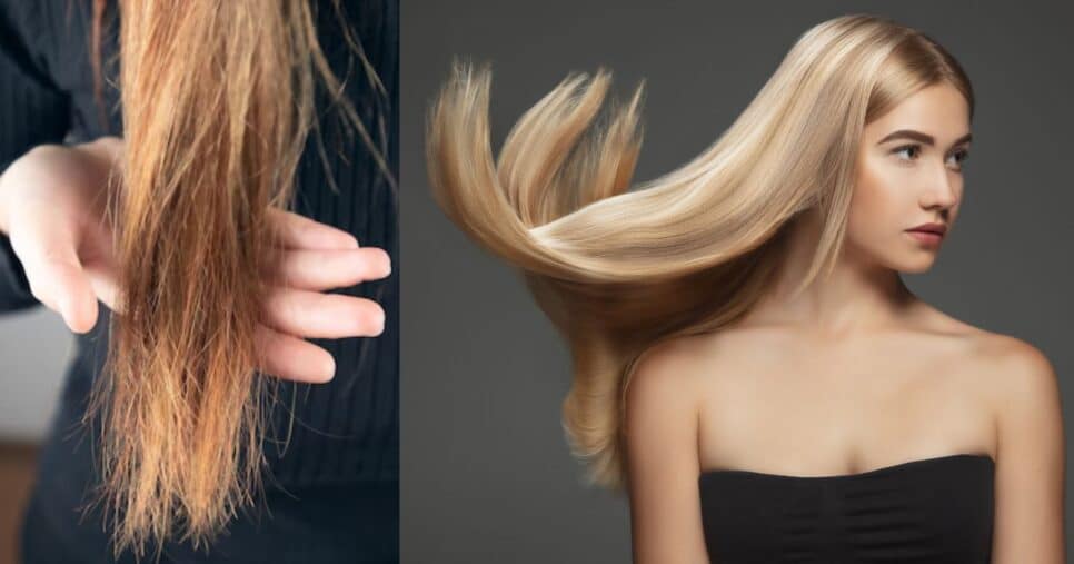 Cabelo ressecado e modelo loira (Fotos: Reproduções / Freepik / Canva)