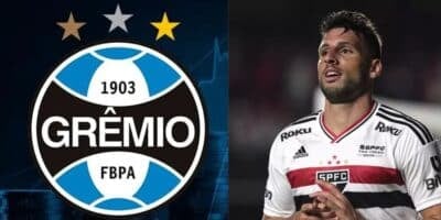 Logo do Grêmio / Calleri no São Paulo - Montagem: TVFOCO